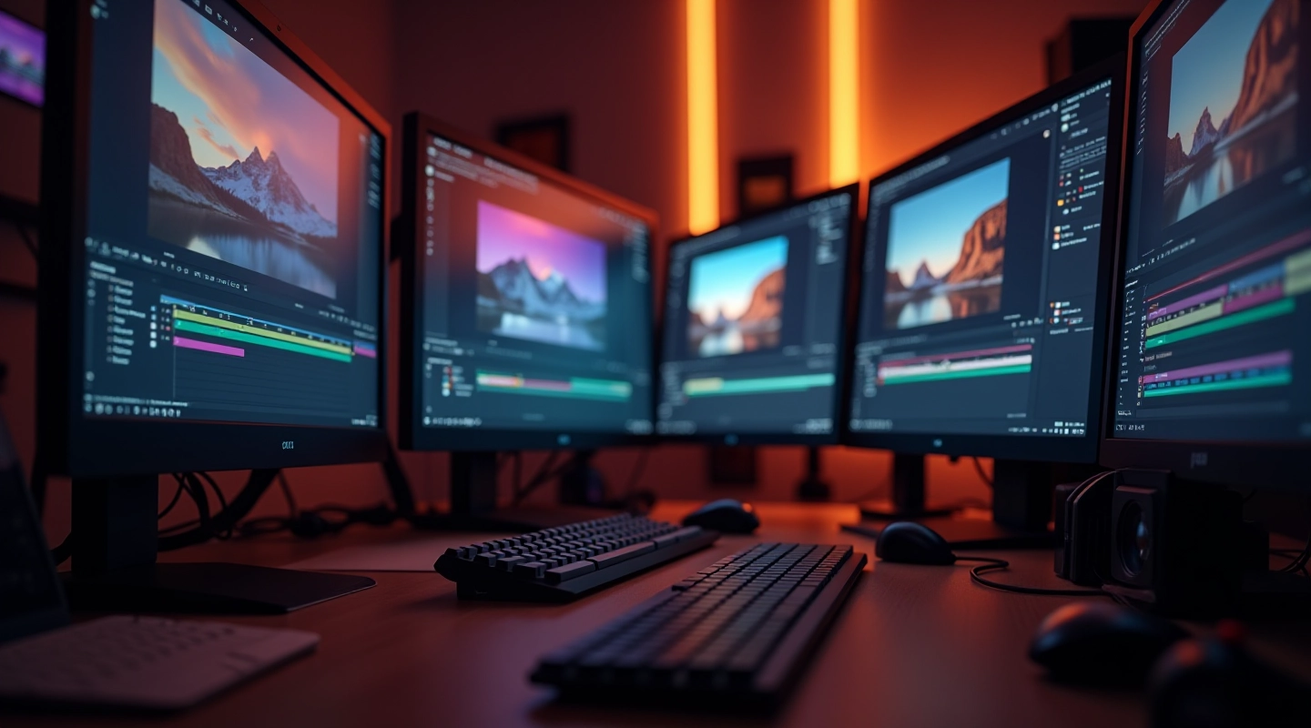 Studio di produzione moderna con monitor e attrezzature per l'animazione After Effects