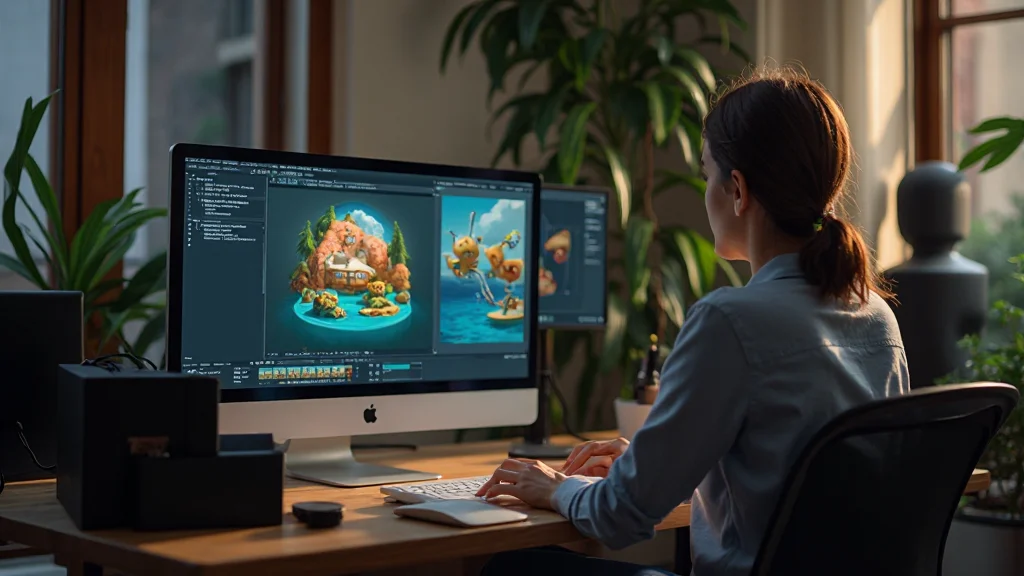 Revisione di una sequenza animata su monitor professionale in uno studio di produzione video