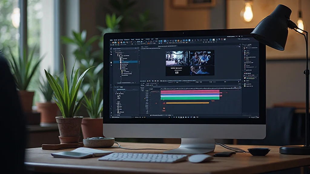 Studio di grafica con monitor che mostra una timeline complessa con decine di keyframe colorati disposti su più tracce
