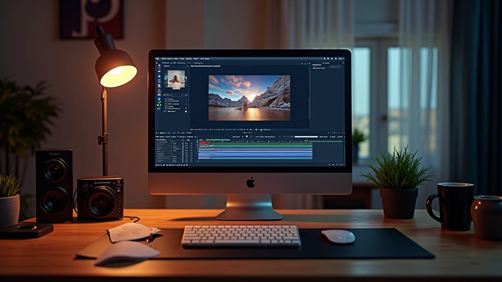 Studio creativo con monitor e attrezzature professionali per video editing e animazione