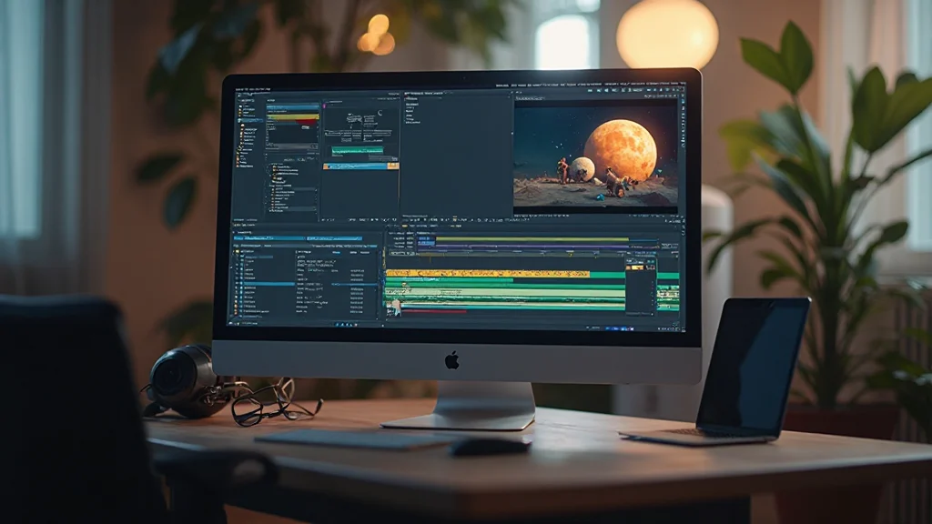 Monitor con timeline di After Effects e grafico di performance in tempo reale