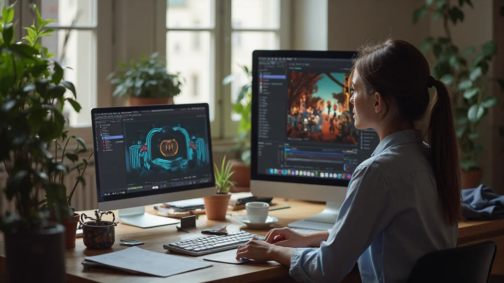 Area di lavoro dedicata all'animazione con tastiera, mouse e monitor che mostrano la timeline di After Effects