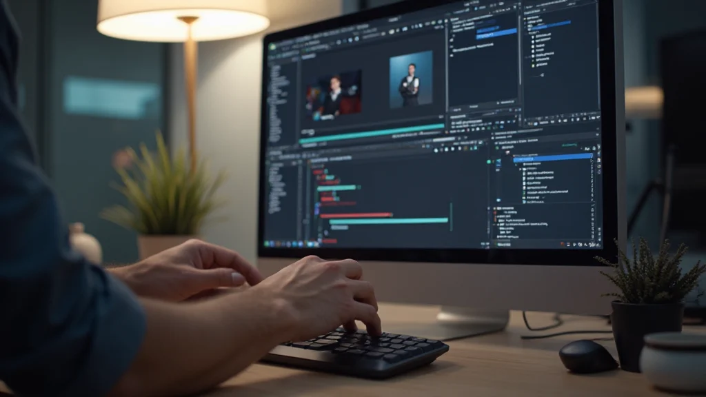 Mano che utilizza una tastiera meccanica mentre un monitor mostra After Effects con il pannello proprietà e il cronometro evidenziato